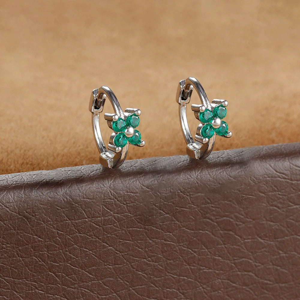 2PCS Huggies Hoop Earrings Stainless Steel Crystal Zirconia Flower