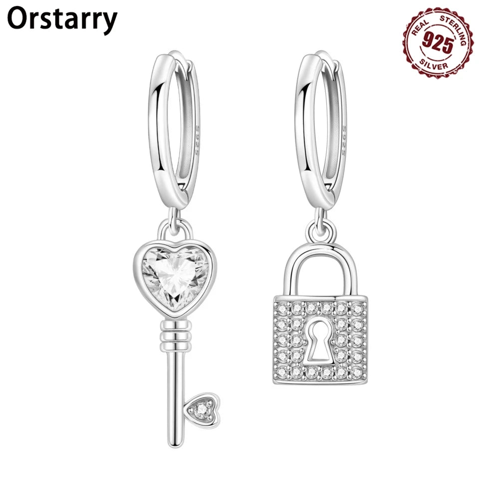 925 Sterling Silver Asymmetric Key Lock Drop Earrings Trendy Jewellery Gift