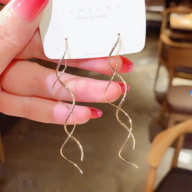 Korean Vintage Glossy Arc Bar Long Tassel Drop Earrings Gold Colour