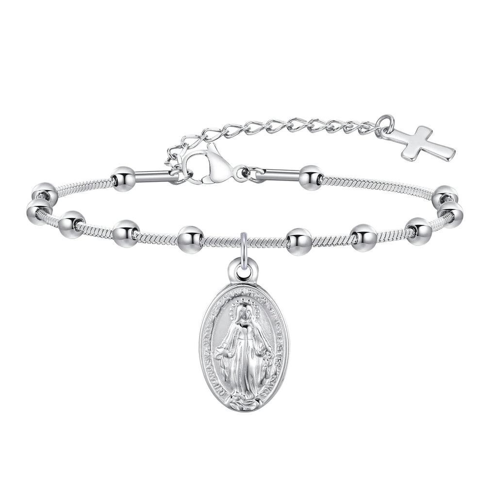 Stainless Steel Virgin Mary St Benedict Cross Bracelet, Bead Chain Bracelet Women Religious Jewelry