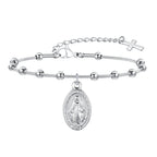 Stainless Steel Virgin Mary St Benedict Cross Bracelet, Bead Chain Bracelet Women Religious Jewelry