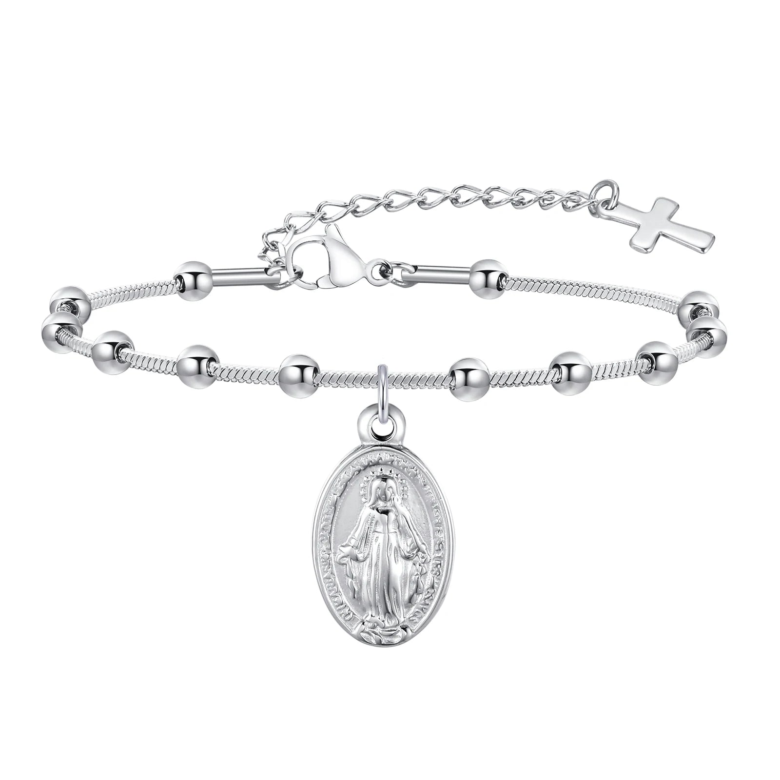 Stainless Steel Virgin Mary St Benedict Cross Bracelet, Bead Chain Bracelet Women Religious Jewelry