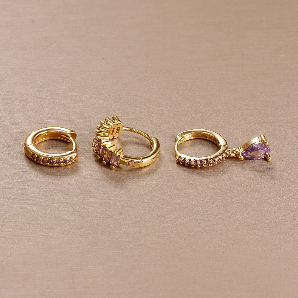 3PCS Purple Zircon Hoop Earrings for Women Stainless Steel Gold Pendant