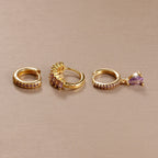 3PCS Purple Zircon Hoop Earrings for Women Stainless Steel Gold Pendant