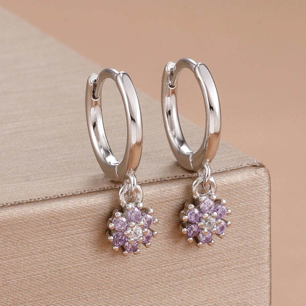 Exquisite Colourful Crystal Flower Hoop Earrings Stainless Steel