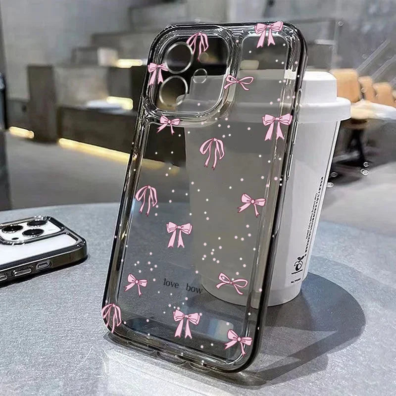 Cute Pink Bow Clear Case for iPhone 16 15 14 13 12 11 Pro Max XR XS 7 8 Plus
