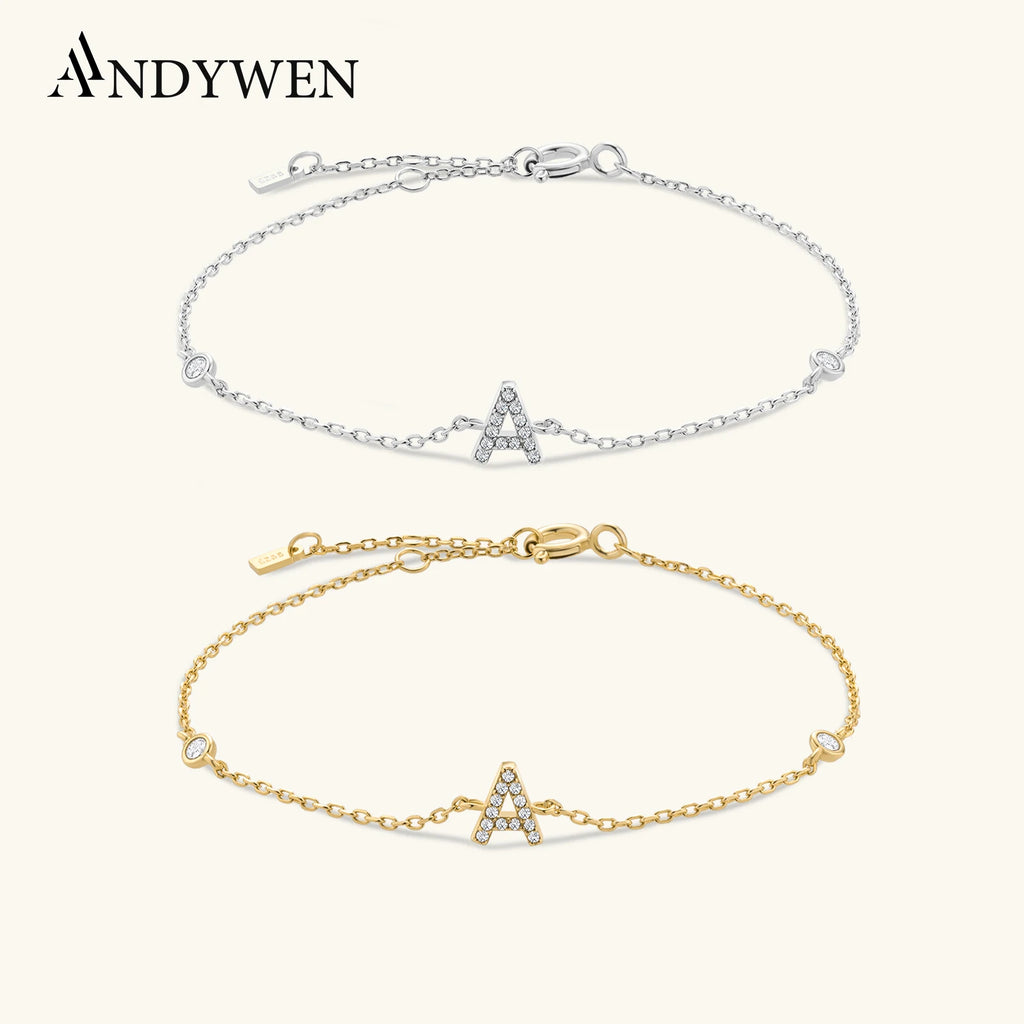 ANDYWEN 925 Sterling Silver Initial 26 Letters Alphabet Monogram Gold Name Bracelet Crystal CZ Zircon 2021 Fashionable Jewelry