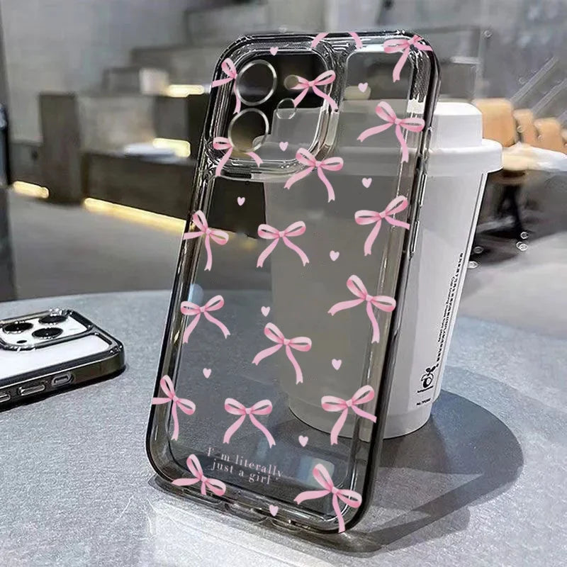 Cute Pink Bow Clear Case for iPhone 16 15 14 13 12 11 Pro Max XR XS 7 8 Plus