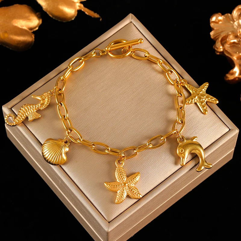 Golden Sun Moon Starfish Stainless Steel Bracelet Handmade Wrist Chain