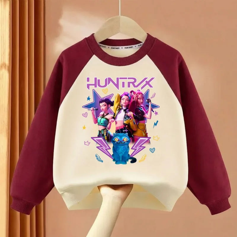 Girls O-Neck Spliced Long Sleeve Hoodies Cartoon Print Casual Pullovers