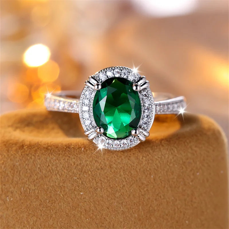 Classic Oval Green Stone Wedding Bands Silver Color Female Egg Shaped Zircon Vintage Promise Engagement Rings For Women Jewelry