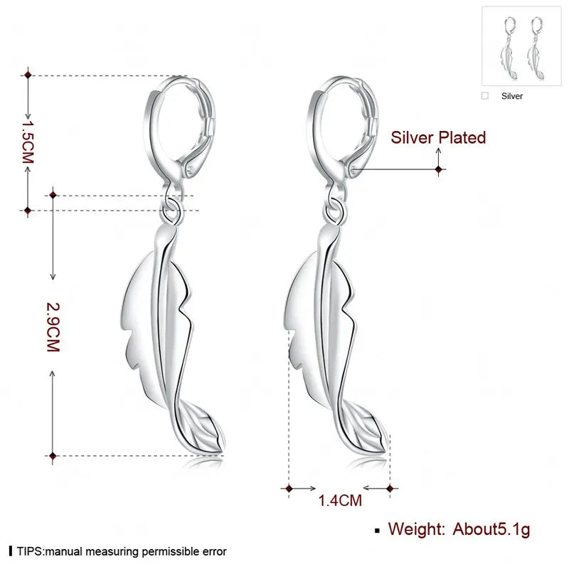 925 Sterling Silver 40mm Feather Earrings Women Fashion Charm Wedding Gift