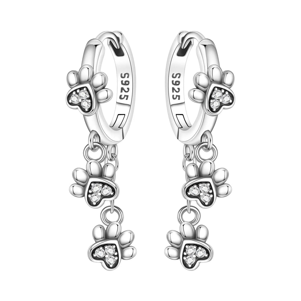 925 Sterling Silver Double Layer Pet Paw Print Drop Earrings Fashion Gift