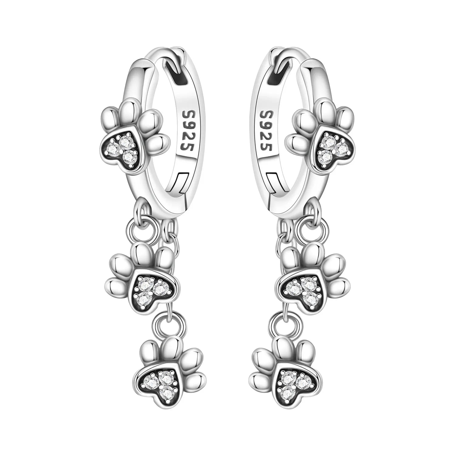 925 Sterling Silver Double Layer Pet Paw Print Drop Earrings Fashion Gift