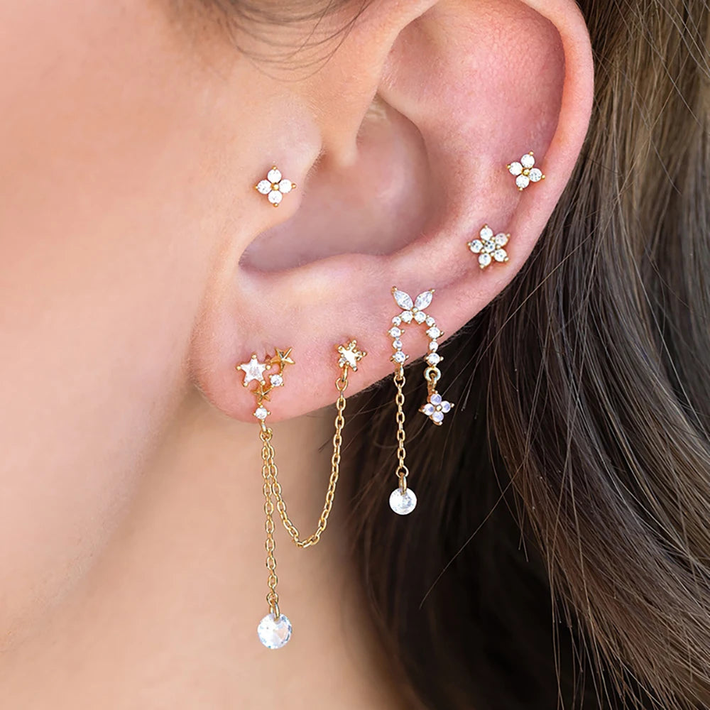 Stainless Steel Star Chain Tassel Drop Earrings 18K Gold Zircon