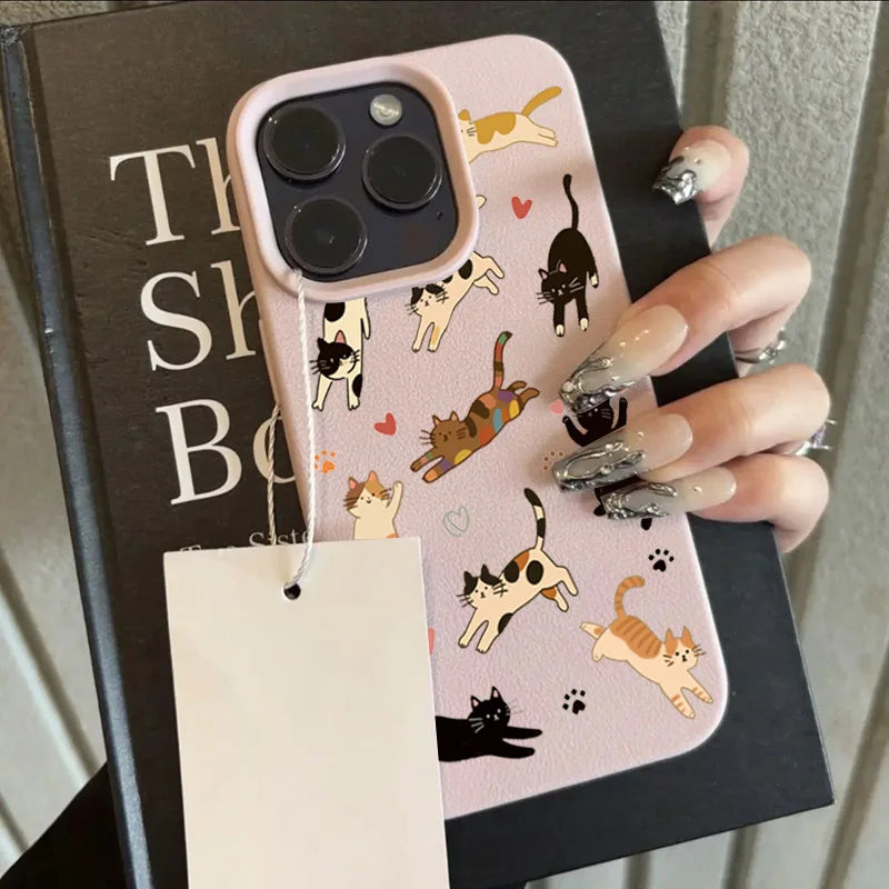 Cute Love Heart Cat Lychee Case for iPhone 17 16 15 14 Pro Max