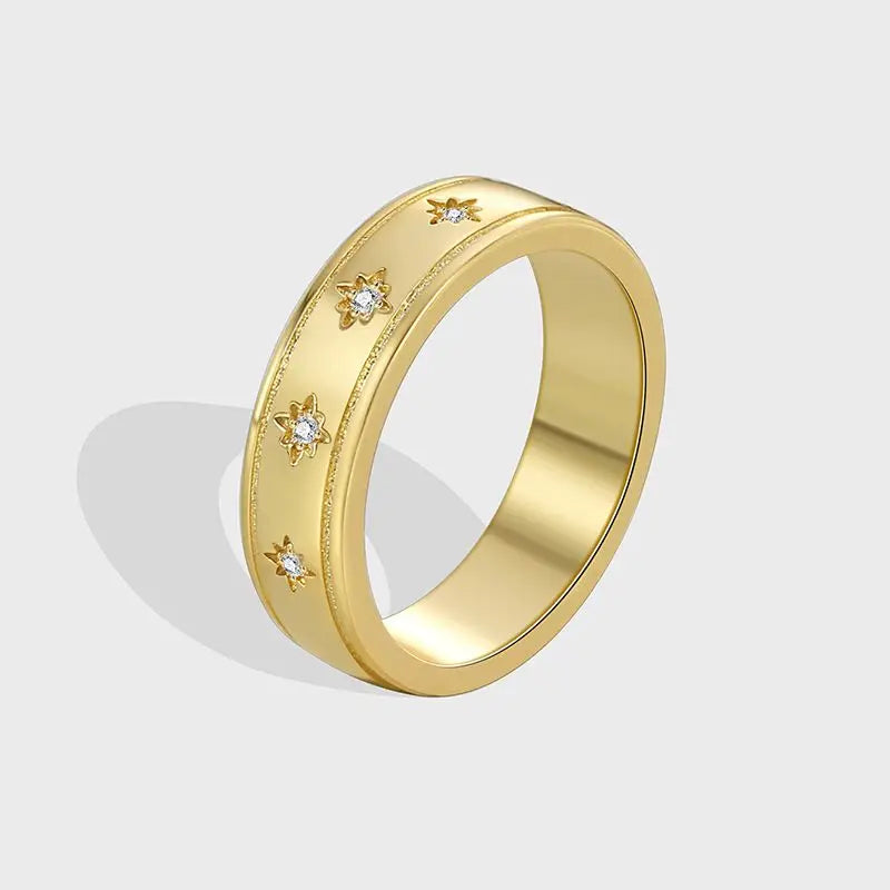 925 Sterling Silver Star Chunky Ring Vintage Trendy Gold Colour Zirconia Punk Accessory