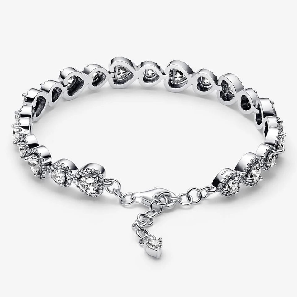 New 925 Silver Sparkling Heart to Heart Double Loop Leather Rope Weaving Bracelet Fashion DIY Charm Exquisite Jewelry Gift