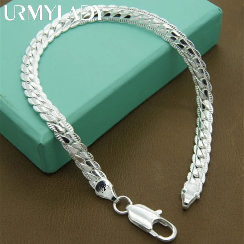 Classic Flat Sideways Chain Bracelet 925 Sterling Silver Men Women Jewellery