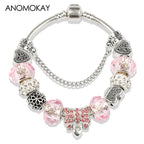 Romantic Pink Heart Charm Bracelet Fine Crystal DIY Bead Bangle Gift