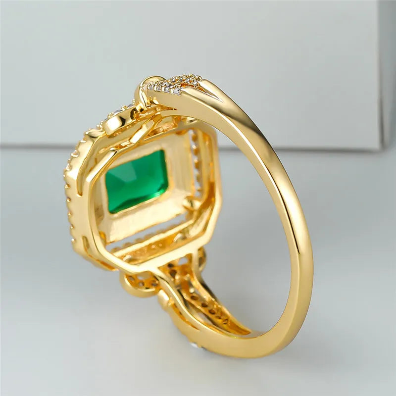 Classic Gold Color Wedding Ring Female Luxury Crystal Engagement Ring Green Zircon Square Stone Rings For Women Minimalist Bands