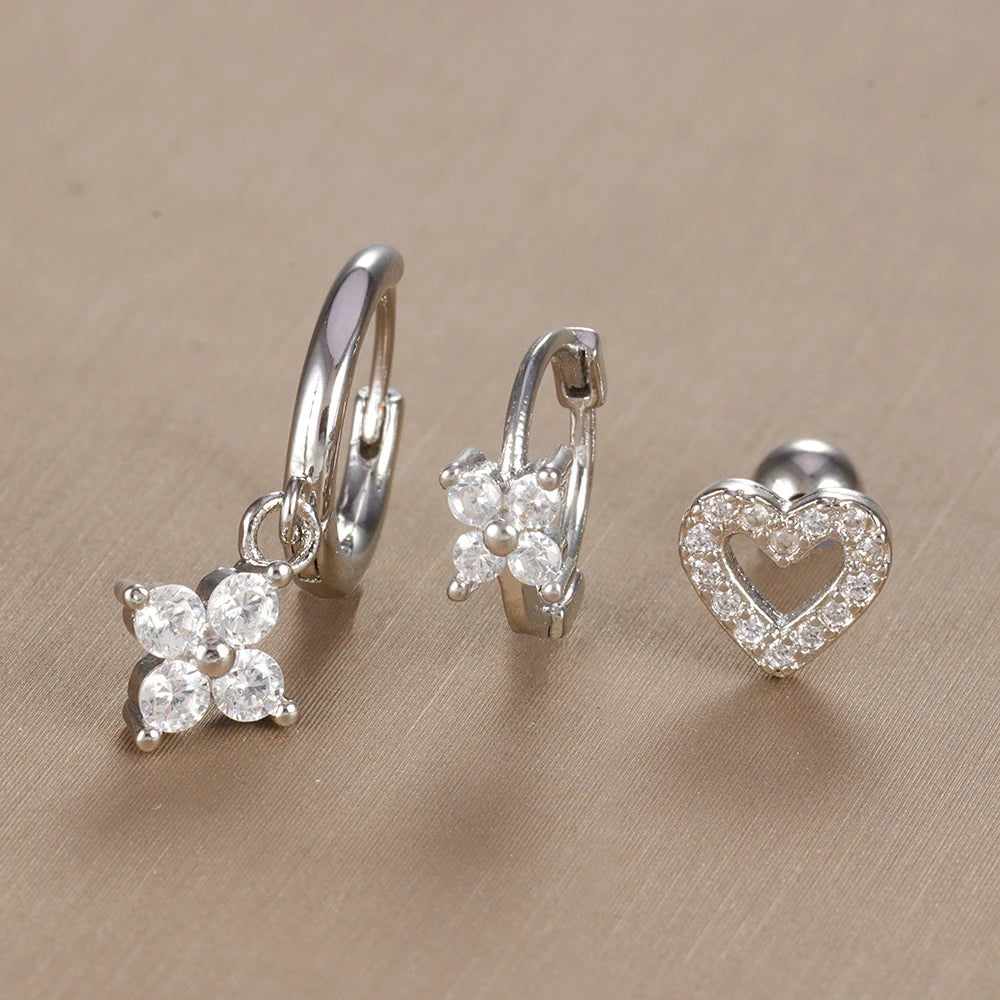 3PCS Vintage Design Four Flower Zircon Hoop Earrings Set Steel