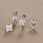 3PCS Vintage Design Four Flower Zircon Hoop Earrings Set Steel
