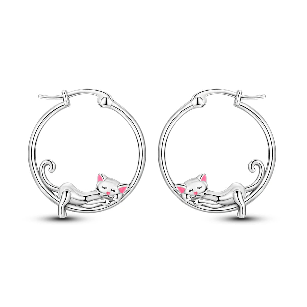 925 Sterling Silver Cute Lazy Cat Animal Pet Hoop Earrings Birthday Gift
