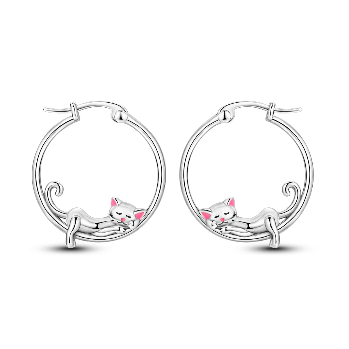 925 Sterling Silver Cute Lazy Cat Animal Pet Hoop Earrings Birthday Gift