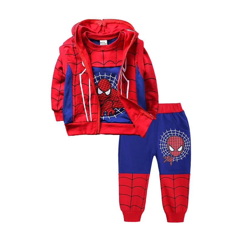 3pcs Spiderman Cosplay Costume Kids Boys Hooded Vest T-Shirt & Pants Tracksuit