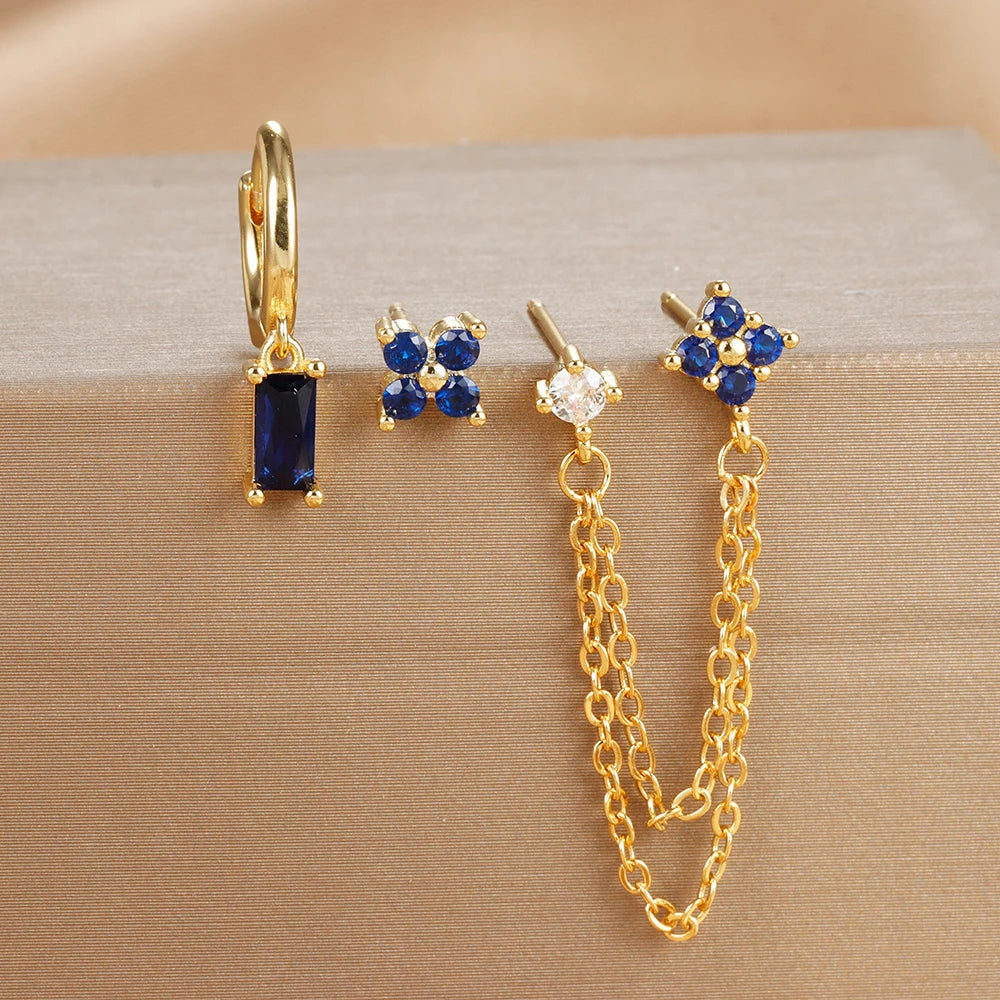 3PCS Fashion Double Ear Hole Chain Crystal Ear Stud Earring Set
