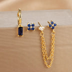 3PCS Fashion Double Ear Hole Chain Crystal Ear Stud Earring Set