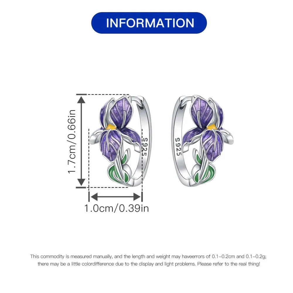 925 Sterling Silver Purple Flowers Versatile Hoop Earrings Fine Birthday Gift