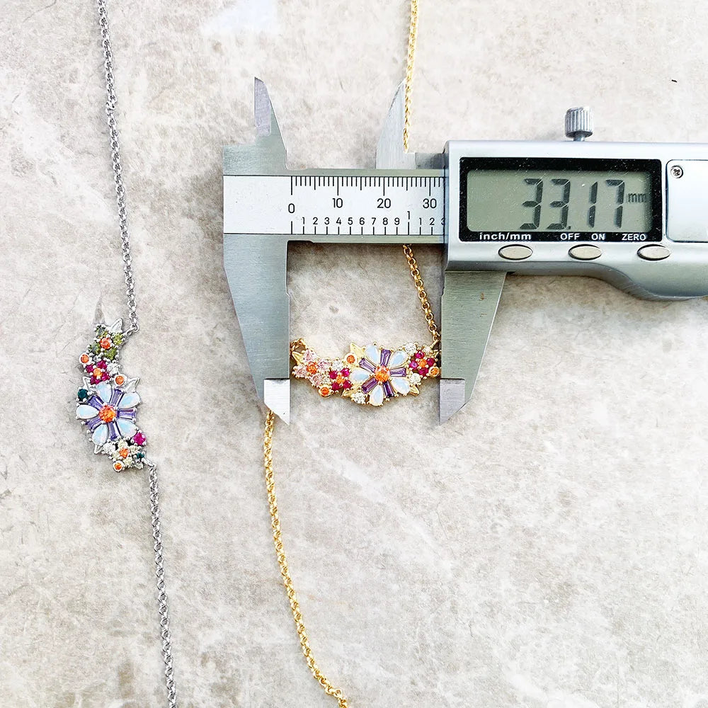 Flowers Colourful Stones Necklace Link Chain 925 Sterling Silver Jewellery