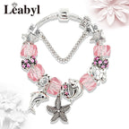 Romantic Pink Heart Charm Bracelet Fine Crystal DIY Bead Bangle Gift