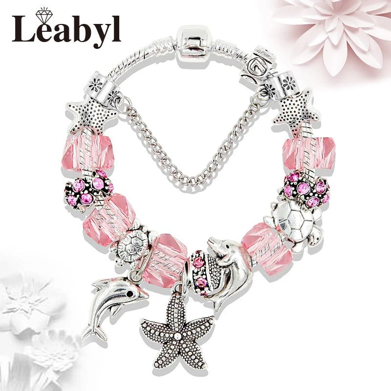 Romantic Pink Heart Charm Bracelet Fine Crystal DIY Bead Bangle Gift