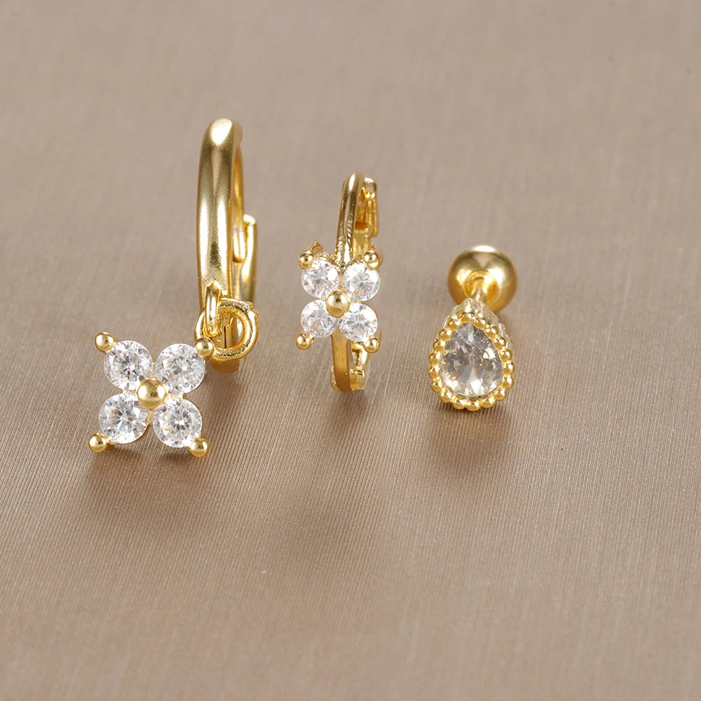 3PCS Vintage Design Four Flower Zircon Hoop Earrings Set Steel
