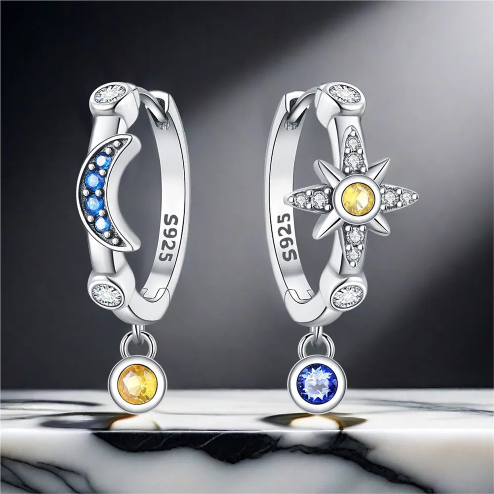 925 Sterling Silver Mysterious Star Moon Versatile Hoop Earrings Women's Gift