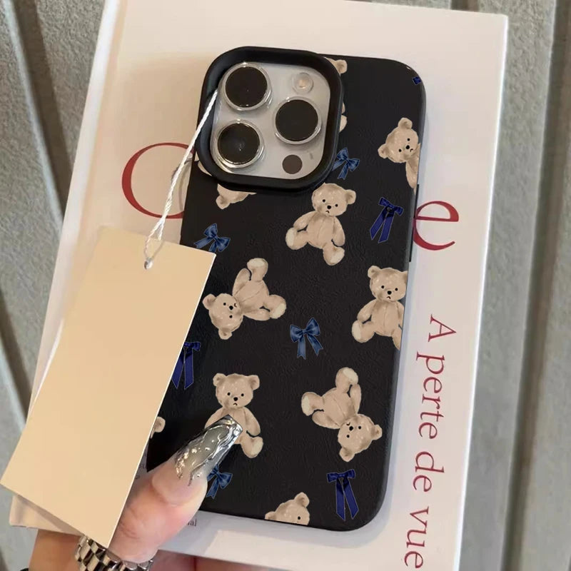 Cute Little Bear Bow Lychee Case for iPhone 17 16 15 14 Pro Max Plus
