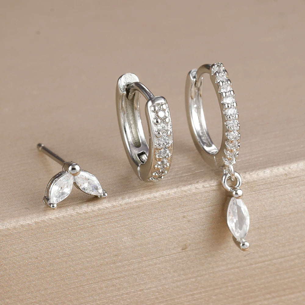 3PCS Gold Plated Lightning Flower Chain Drop Earrings Zircon Dangle