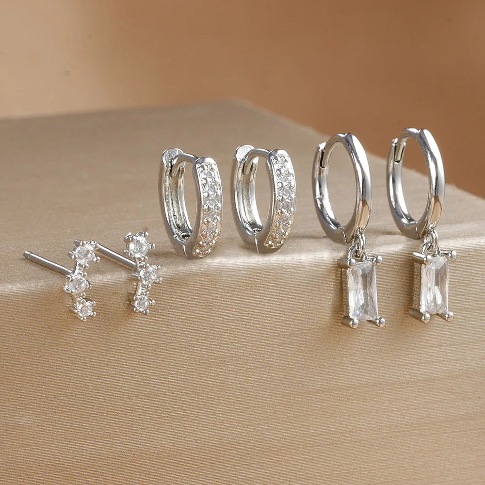 3 Pairs Exquisite Zircon Little Huggies Hoop Earrings Set Steel