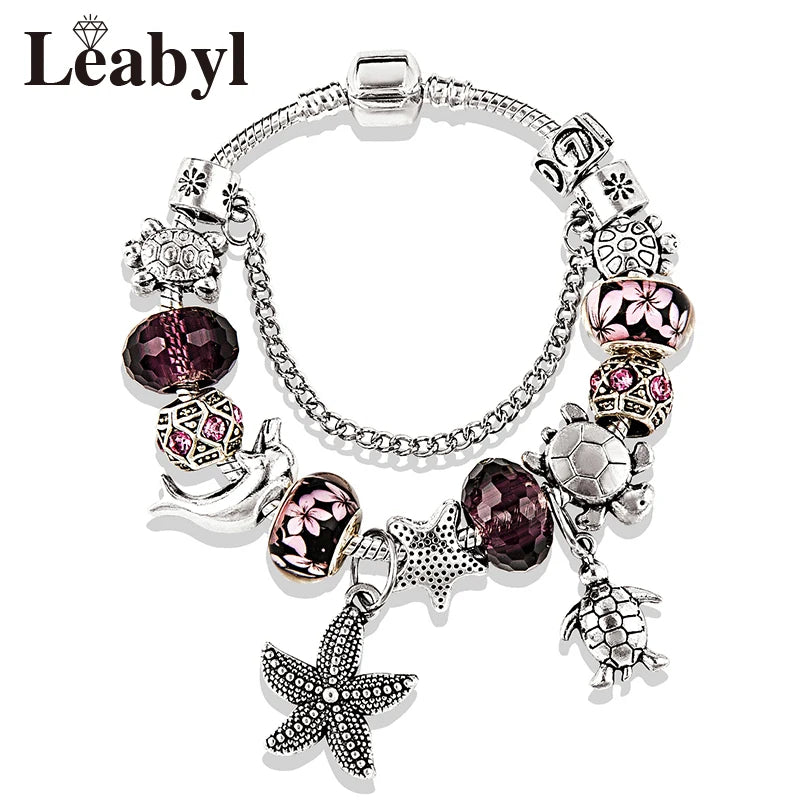 Classic Dolphin Charm Bracelet Blue Murano Crystal Glass DIY Bead Bangle