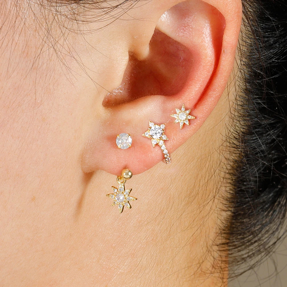 3PCS Gold Sparkling Zircons Star Dangle Earrings Set for Women