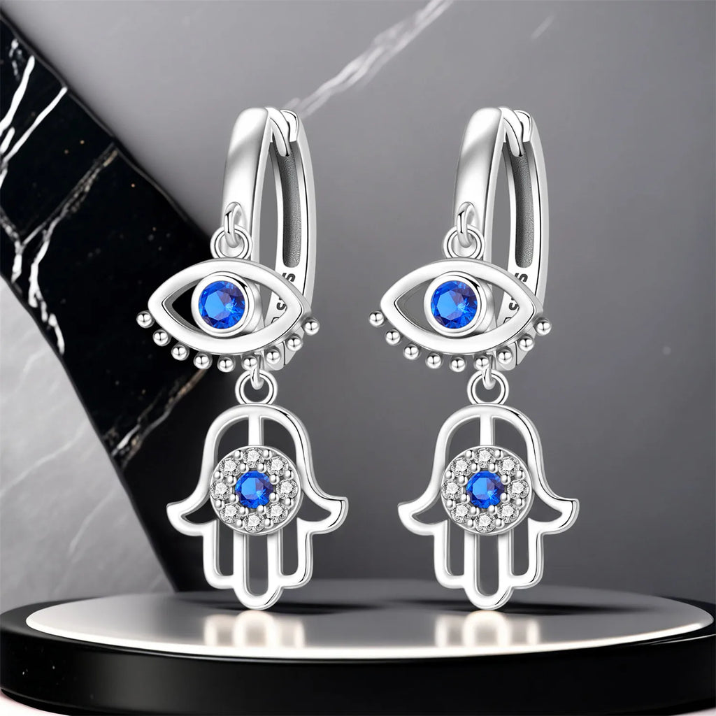 925 Sterling Silver Fatima's Hand Devil's Eye Drop Earrings Trendy Jewellery