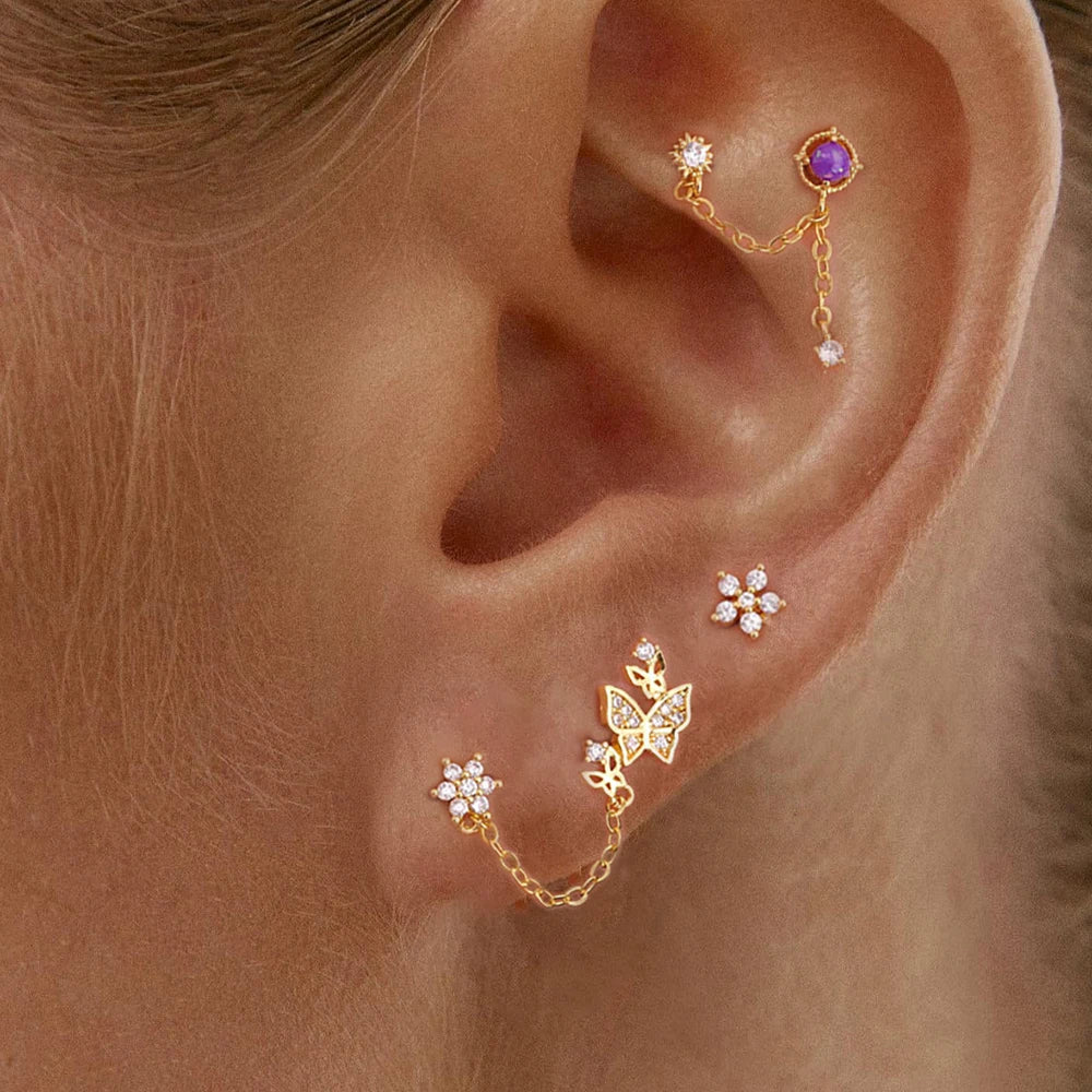 New Double Ear Studs Tassel Chain Hanging Earrings Flower Butterfly