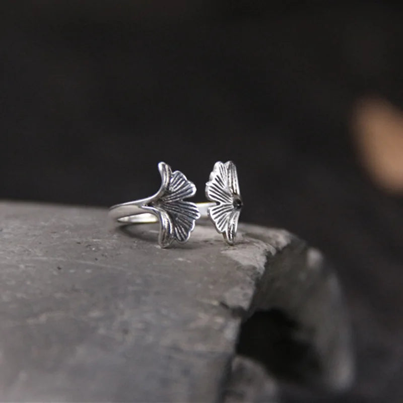 Ginkgo Biloba Leaves Open Ring 925 Sterling Silver Wedding Luxury Accessories