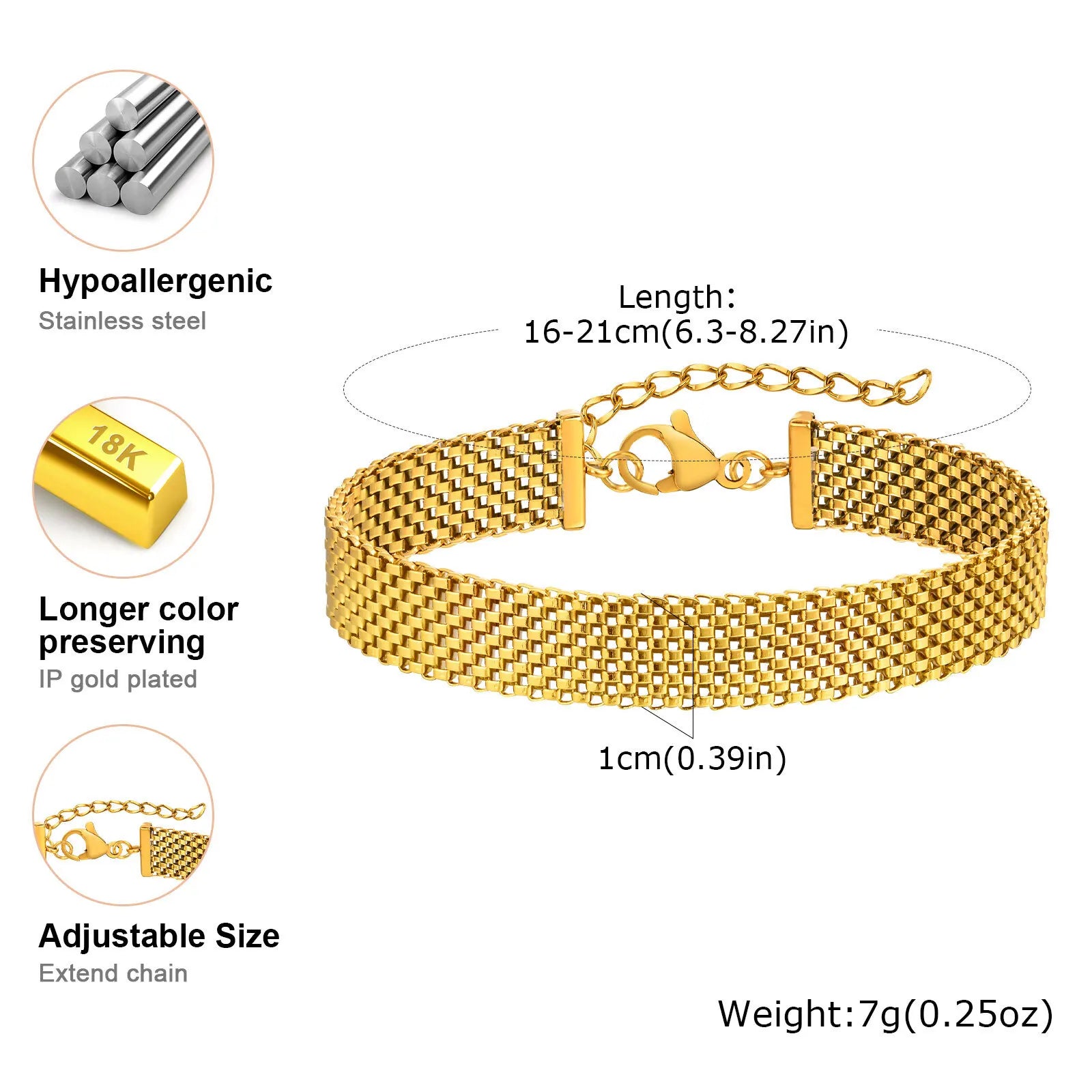 Women's Chunky Link Chain Mesh Bracelet, Stainless Steel Gold Plated Waterproof Jewelry