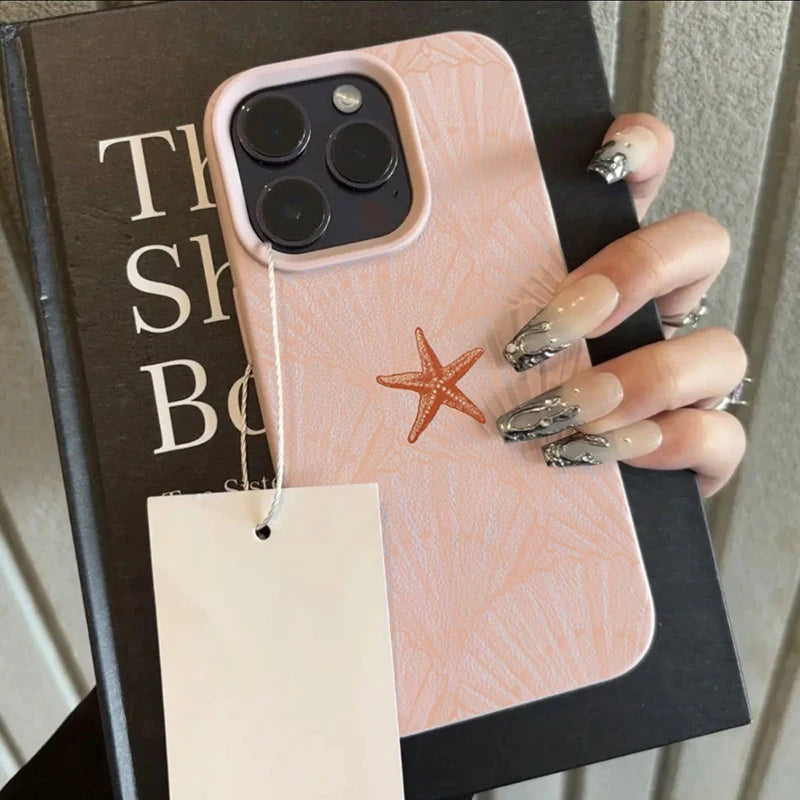 Summer Shell Starfish Lychee Case for iPhone 17 16 15 14 Pro Max
