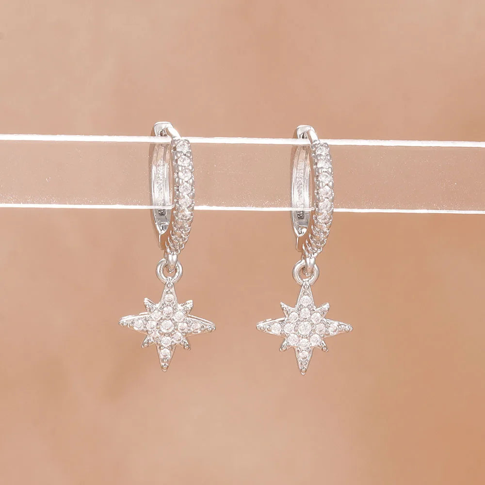 New Star Zircon Stainless Steel Pendant Hoop Earrings 18K Gold