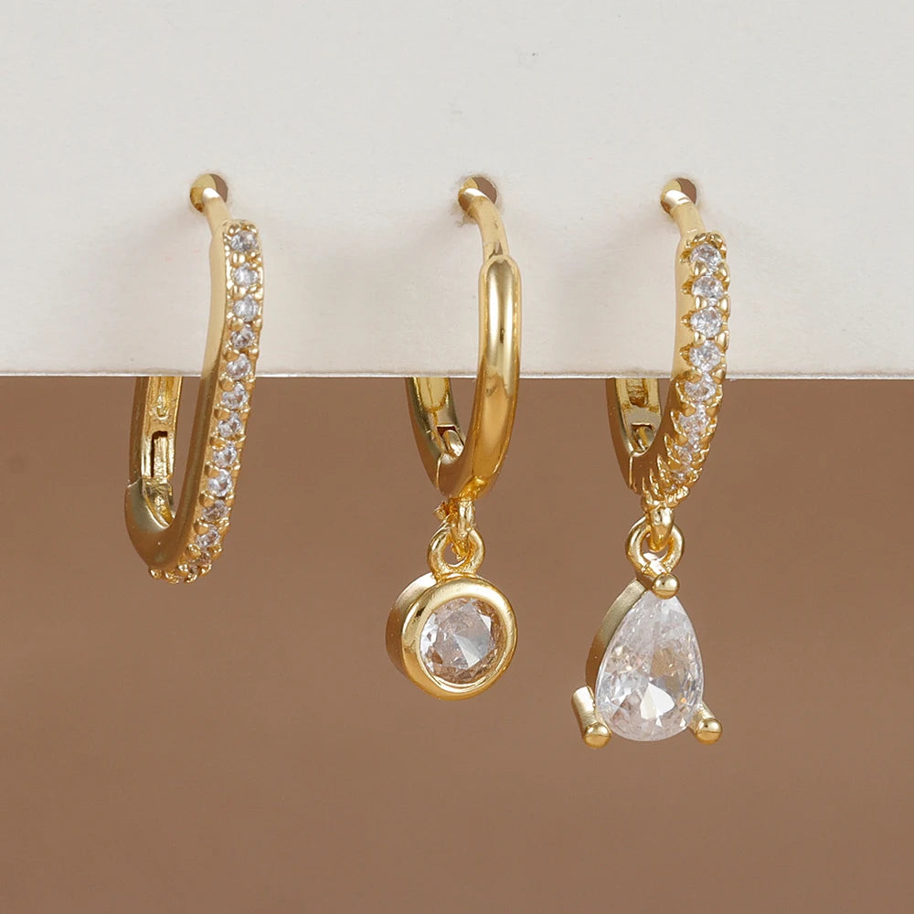 3PCS Fashion Stainless Steel Water Drop Zircon Dangle Earrings Gold Set
